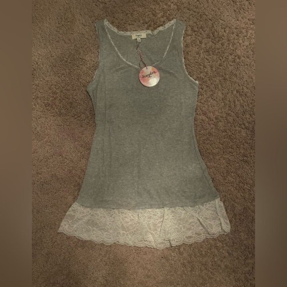 Free People Heather Gray Lace Hem Tank Top